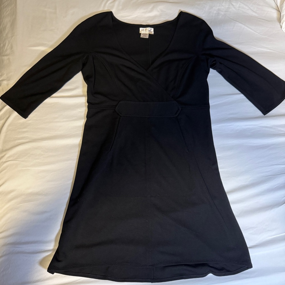 Black Ruched Wrap Cocktail Dress 3/4 Sleeve